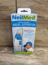 Front view of NeilMed battery operated nasal aspirator box showing the blue and white aspirator image and baby photo on a wooden background
