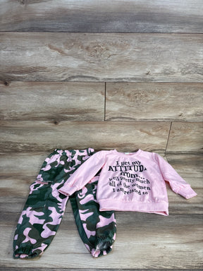 Pink graphic sweatshirt with 'I get my ATTITUDE' text and pink-green camo pants, kids clothing set