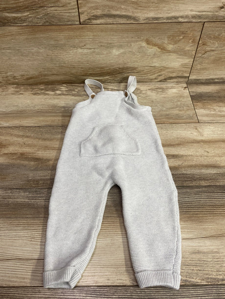 Front view of Little Planet knit overalls in grey, showcasing a front pocket and shoulder straps on a wood floor