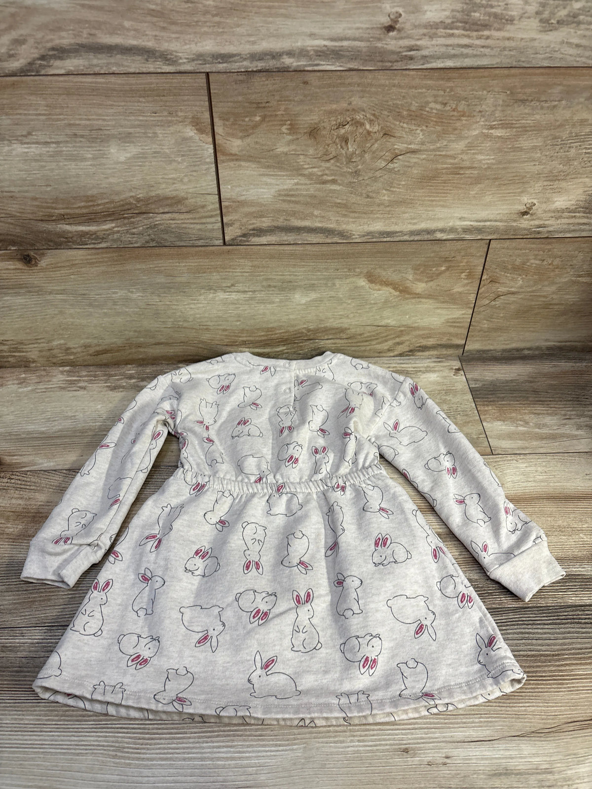 Front view of beige Koala Kids rabbit sweatshirt dress showcasing gathered waist, rabbit print, and long sleeves on wood floor