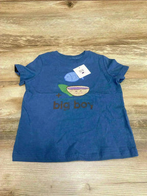 Front view of blue toddler t-shirt size 4T showing fish and poi bowl graphic and big boy text on wood background