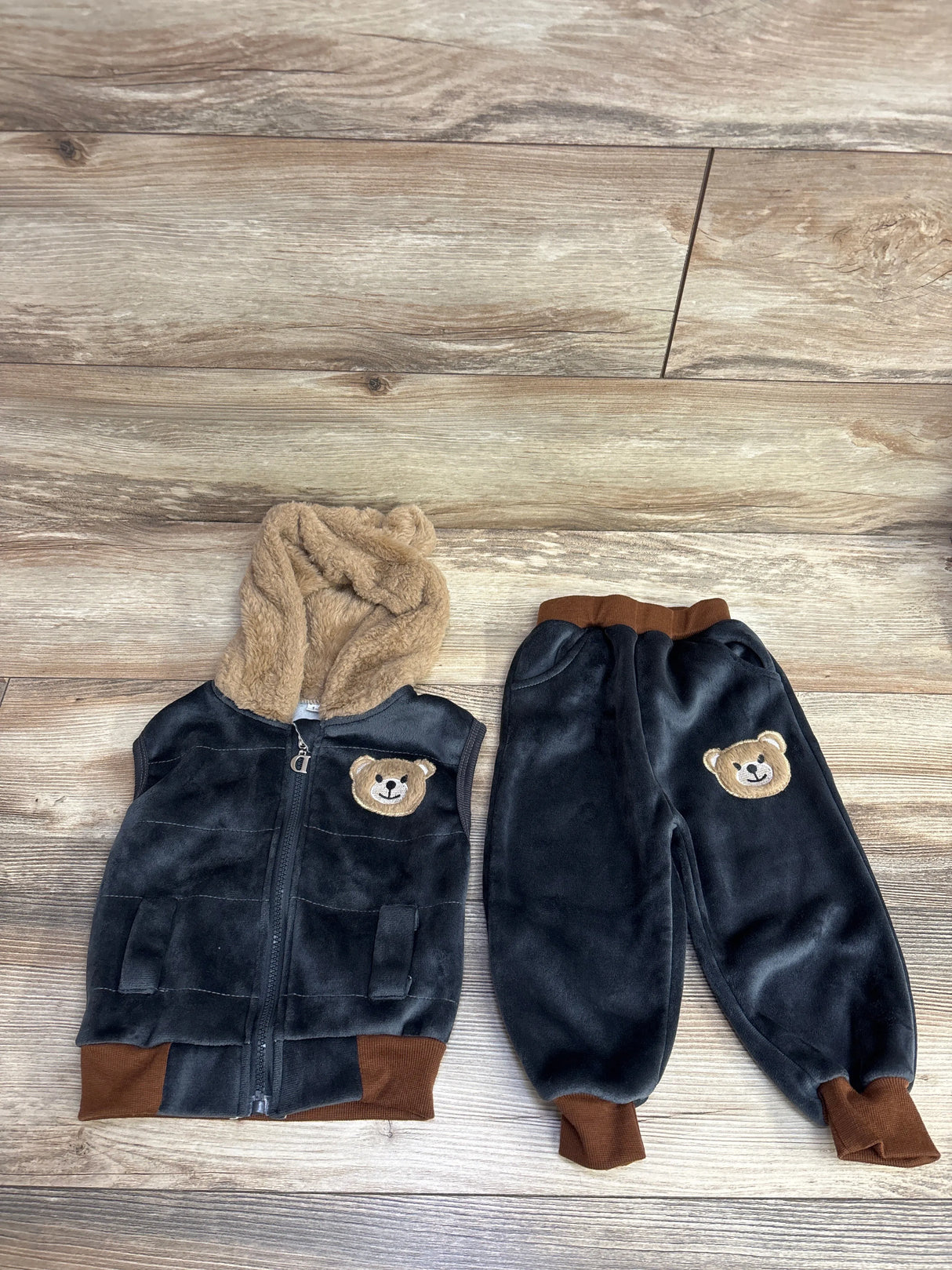 2pc Velvet Bear Bear Full Zip Hoodie & Pants Set Grey sz 1-2T