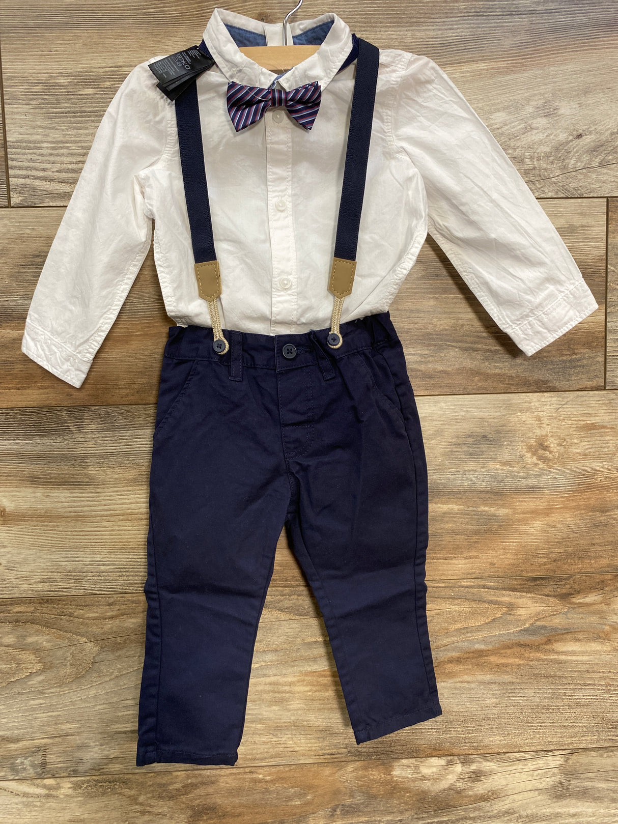 NEW H&M 4pc Button Up Shirt & Suspender Set White sz 12m