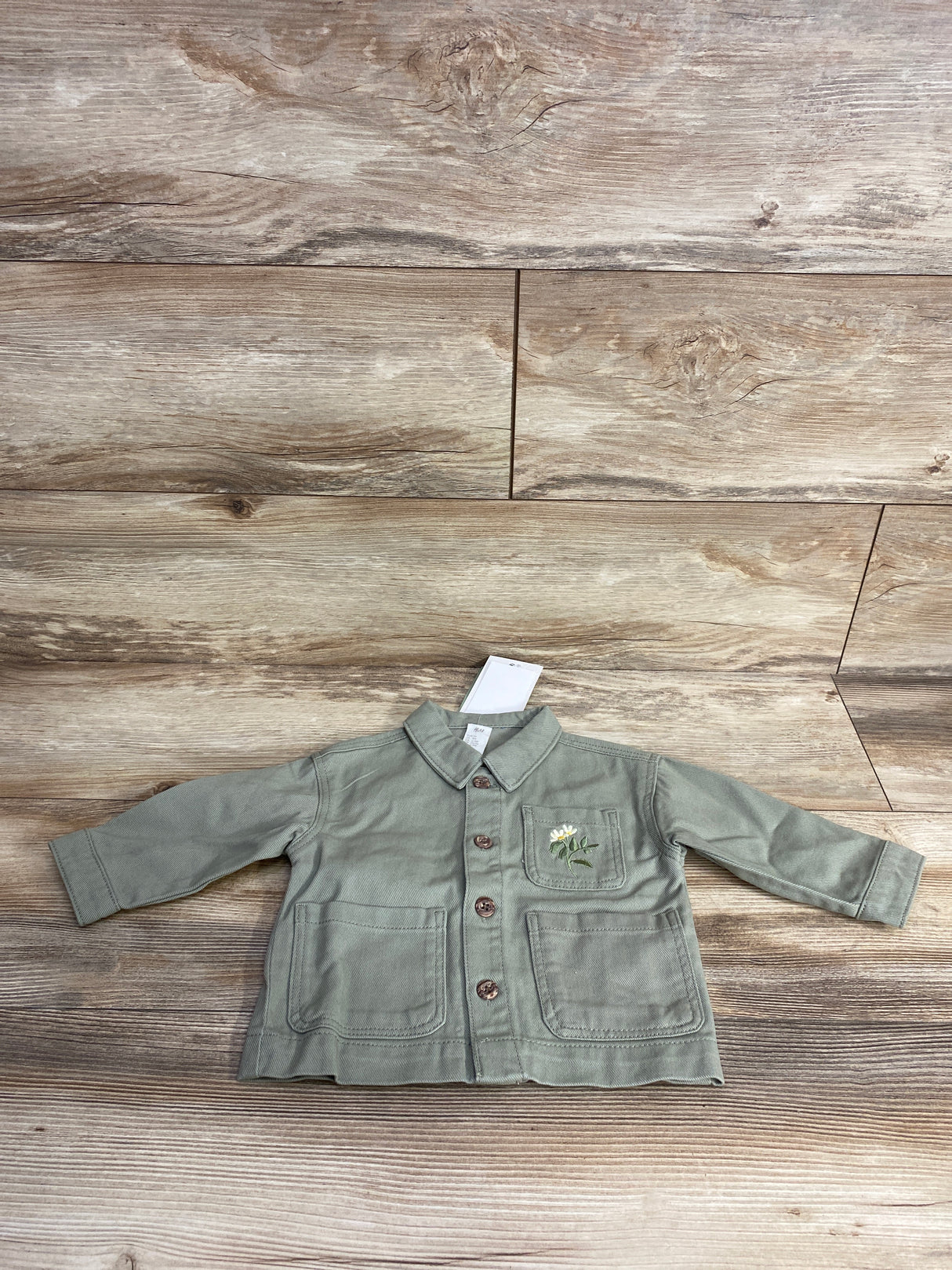 NEW H&M Organic Canvas Jacket Embroidered Pocket Green sz 9m