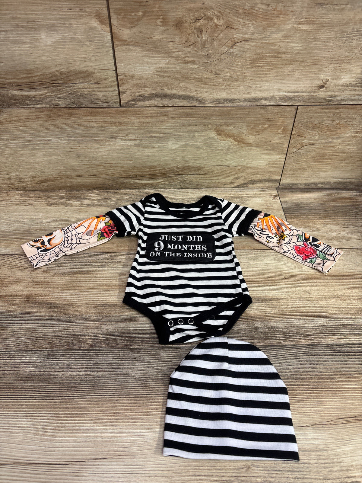 Just Did 9 Months On The Inside 2pc Tattoo Sleeve Bodysuit & Hat Black sz 0-3m