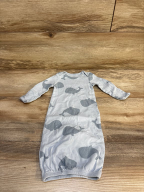 Gray long sleeve infant gown with whale print on wood background, gently used baby clothing