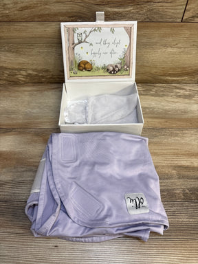 Lavender baby blanket with gift box and woodland animal illustration, children's bedding