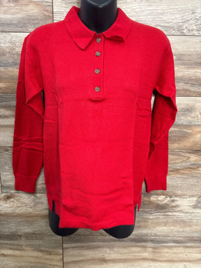 Red long sleeve knit collared shirt with buttons, kids clothing on wood background