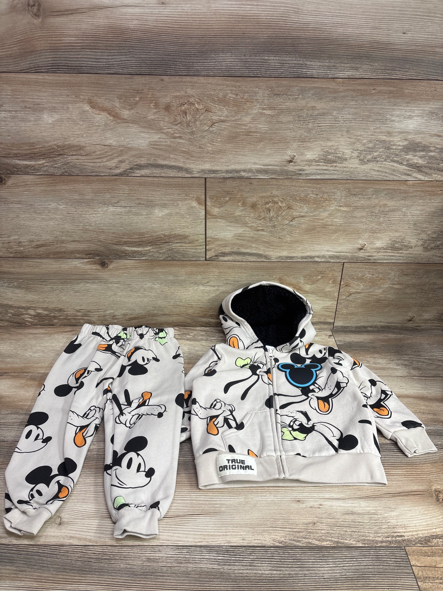 Disney Mickey & Friends 2pc Sherpa Zip Sweatshirt & Joggers Set Beige sz 3T