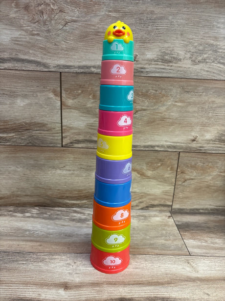 Front view of Greozacy 10pc Bath Toy Stacking Cups showing colorful numbered cups and duck topper on a wood-grain background