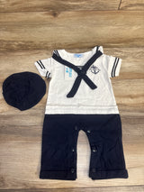 NEW Yismall 2pc Sailor Romper & Hat Set White/Navy sz 12-18m