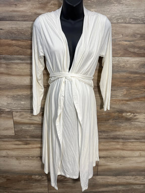 White maternity robe with tie belt and long sleeves on mannequin, wooden background