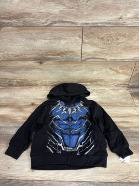 Kids' black zip-up hoodie with blue superhero graphic, long sleeves, and hood