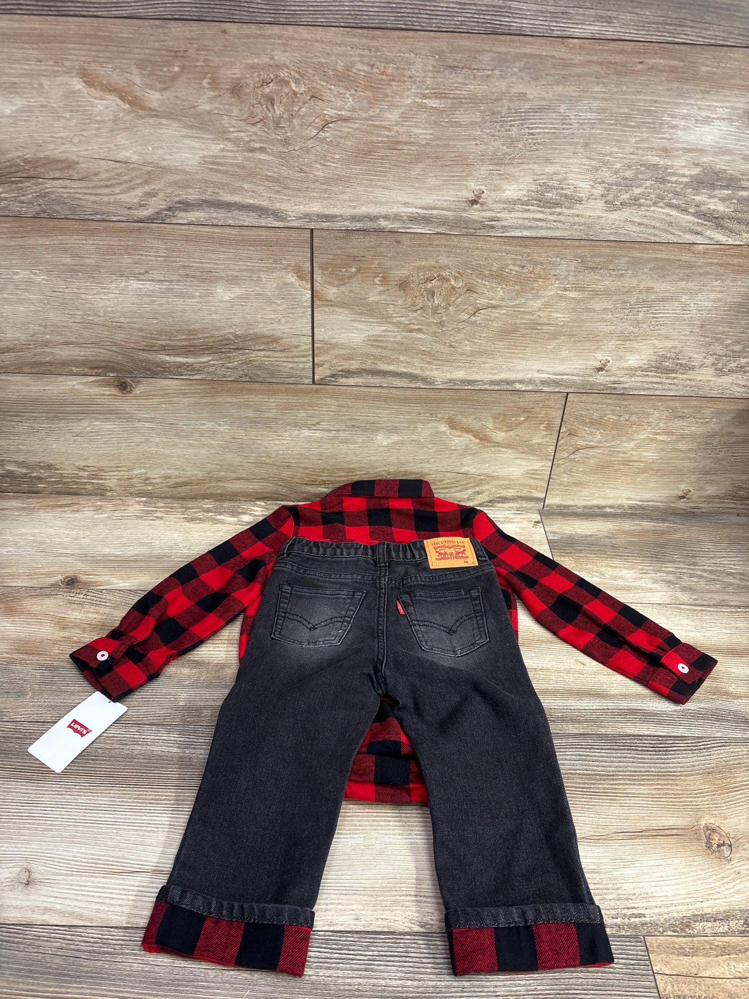NEW Levi's 2pc Plaid Button-Up Flannel Romper & Jeans Set Red sz 24m