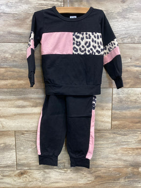 Black and pink toddler outfit with leopard print accents, long sleeves and jogger pants