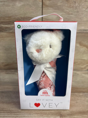 Front view of Cherry Blossom modal lovey in display box showing plush white bear head, pink floral lovey with satin bow