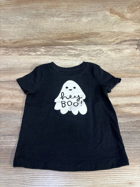 Black toddler Halloween shirt with cute ghost saying 'hey BOO!' on wood background