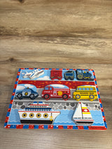 Top-down view of Melissa & Doug wooden chunky puzzle showcasing nine colorful vehicle-shaped wooden pieces on a wood table