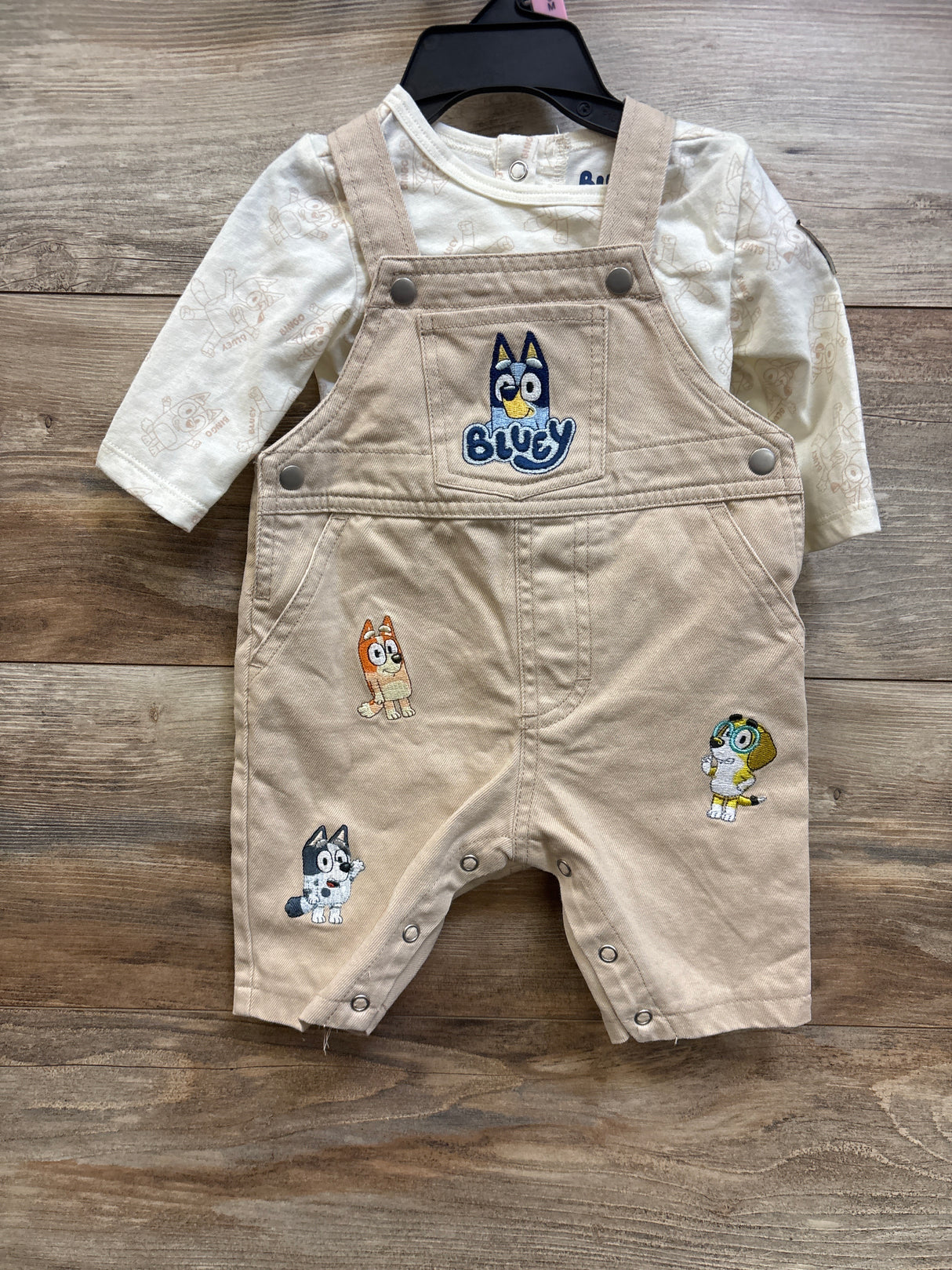 NEW Bluey 2pc Long Sleeve Shirt & Embroidered Overalls Set Ivory sz 0/3m