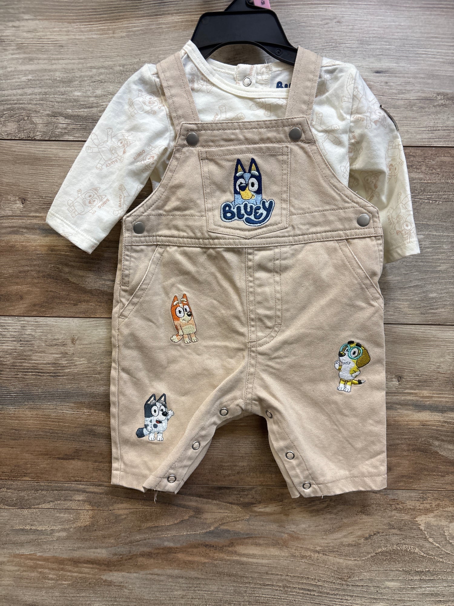NEW Bluey 2pc Long Sleeve Shirt & Embroidered Overalls Set Ivory sz 0/3m
