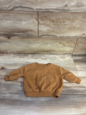Front view of a brown Winnie the Pooh pullover sweatshirt, size 3 to 6 months, with a Pooh graphic on wood grain
