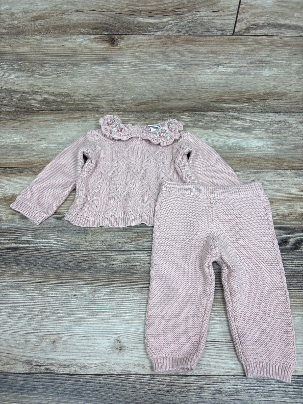 Nicole Miller 2pc Collared Cable-Knit Sweater & Pants Set Pink sz 6/9m
