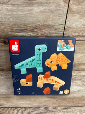 Janod wooden dinosaur toy blocks set for children 2 years and up with three colorful dinosaur designs