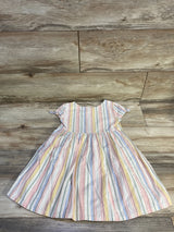 Flat lay of girls Oshkosh button-front dress with pastel vertical stripes, short puff sleeves, and gathered skirt on wood floor