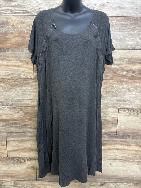 Front of charcoal grey Frida nursing gown on mannequin with scoop neck, short sleeves and side snaps, wood background