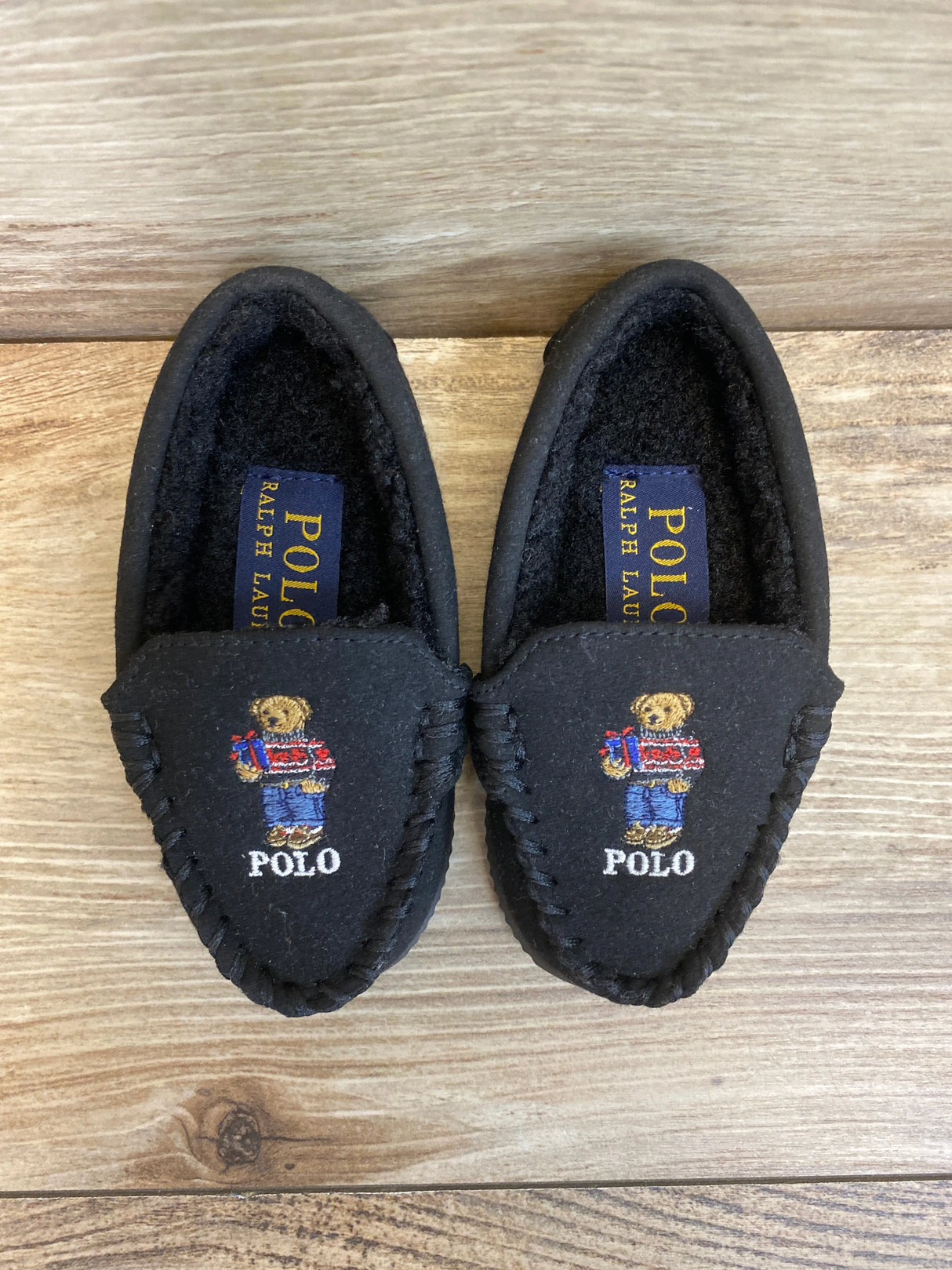 Ralph Lauren Dezi IV Polo Bear Faux-Suede Slipper Black sz 5c