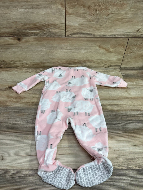 Front view of Carter’s pink blanket sleeper in size 9m showcasing a sheep pattern and footed design on a wood surface