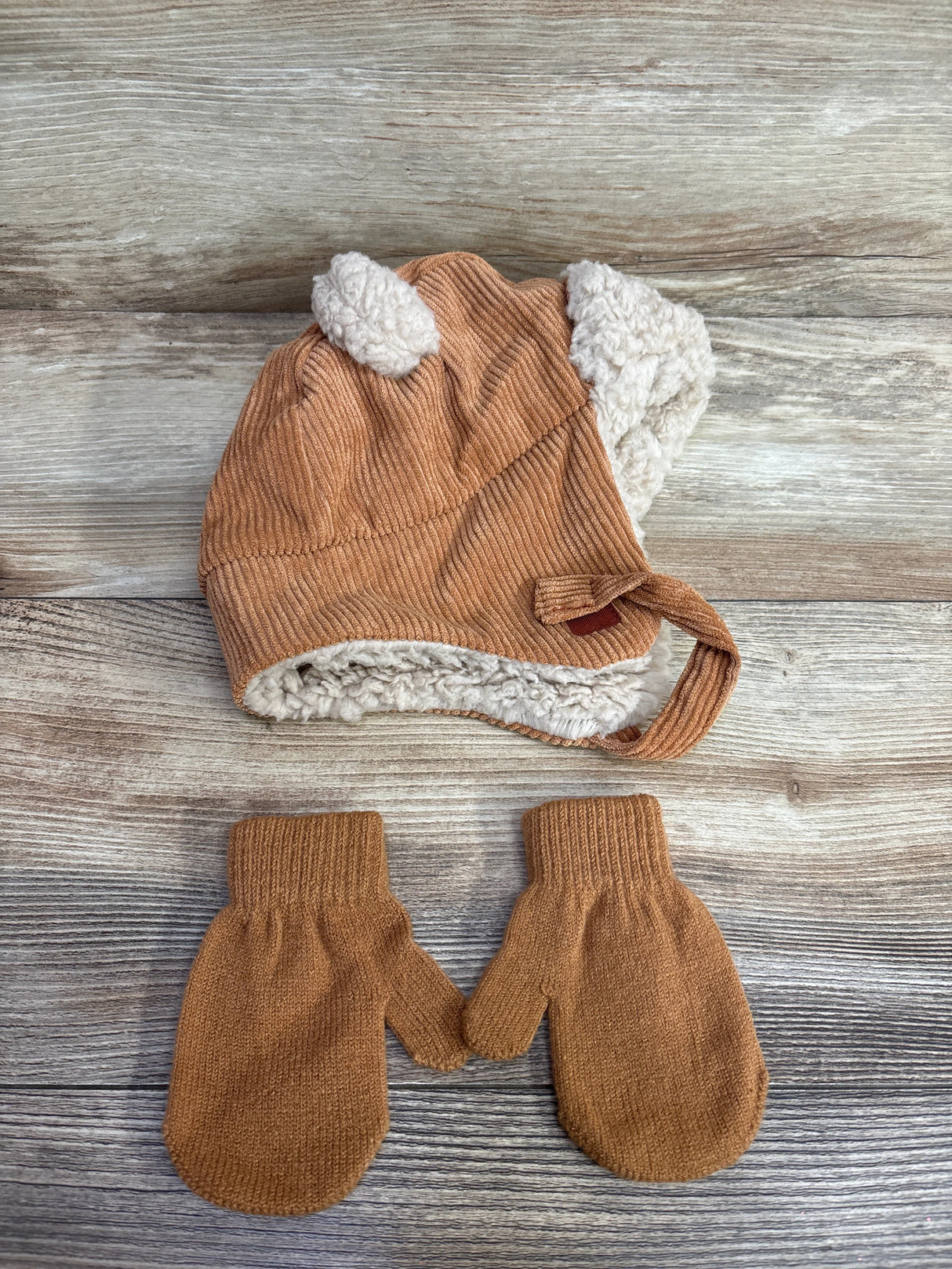 First Steps Sherpa Cord Hat w/ Mittens Brown sz 12-24m
