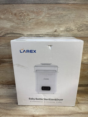 LAREX baby bottle sterilizer and dryer in box, white packaging on wood background