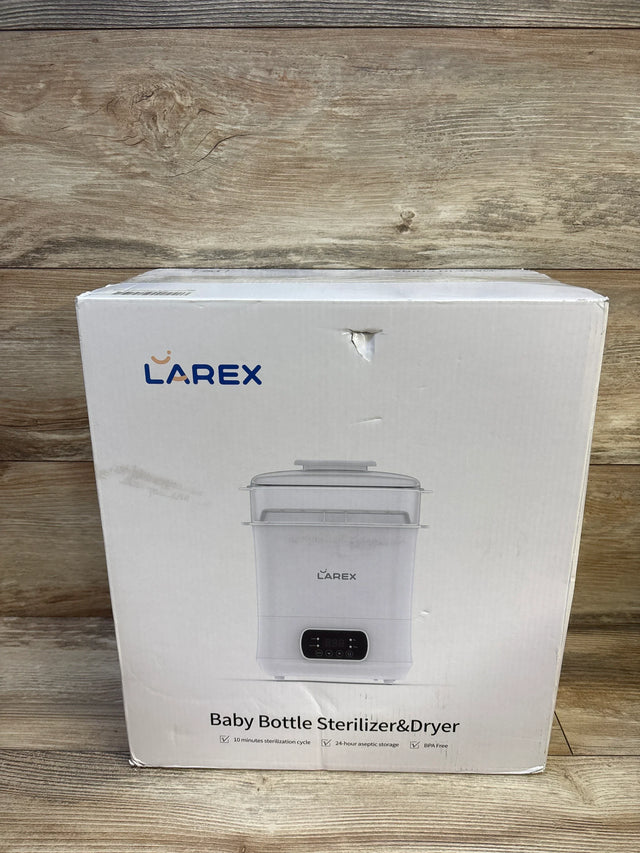 LAREX baby bottle sterilizer and dryer in box, white packaging on wood background