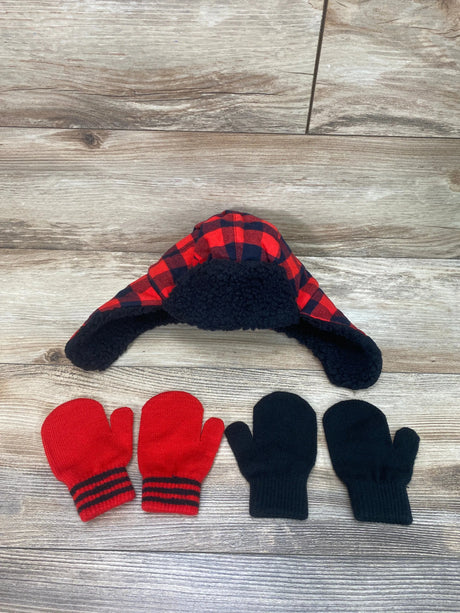 NEW Simple Joys Buffalo Plaid Trapper Hat and Mitten Set Red/Black sz 2-5T