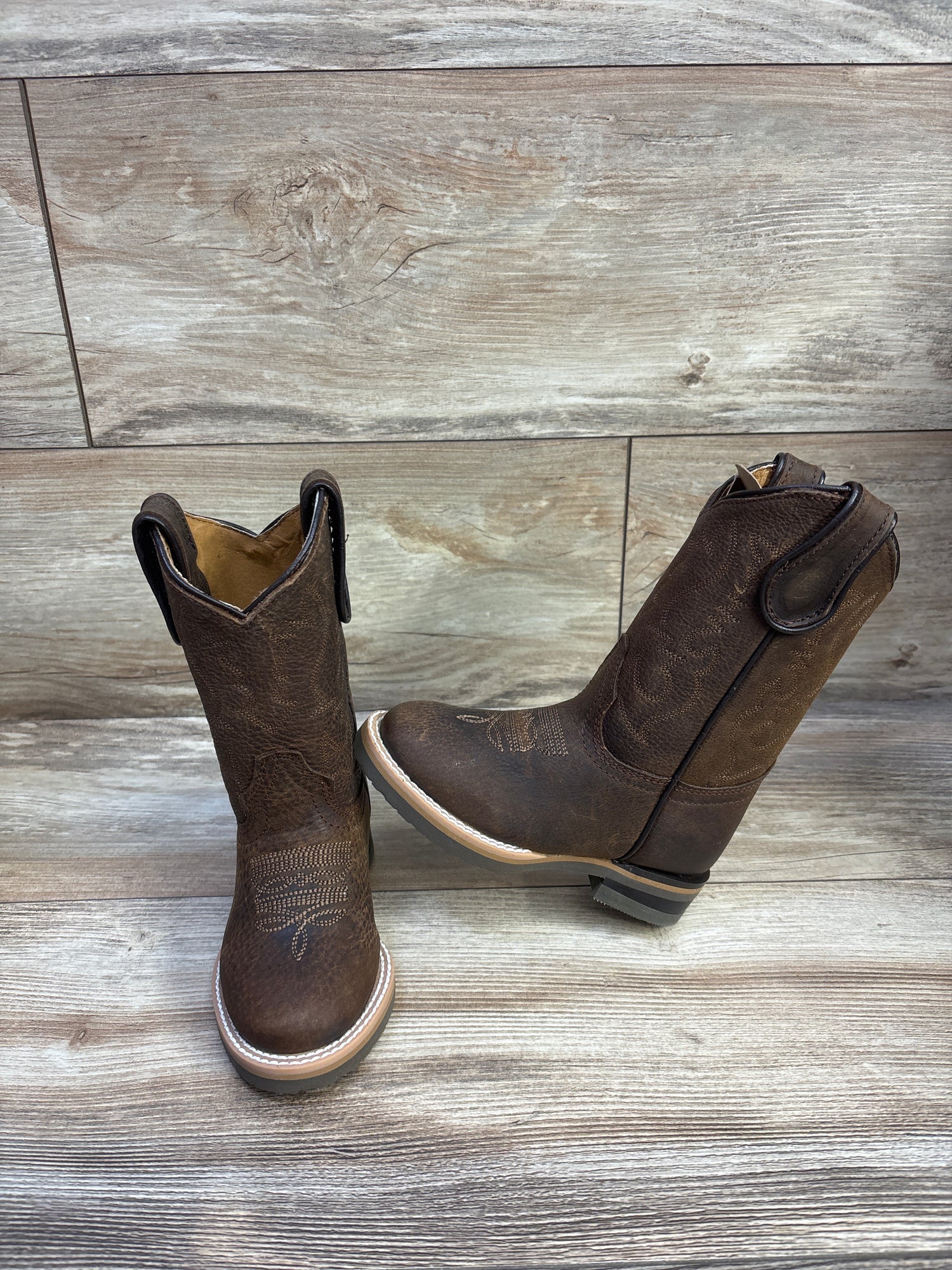 NEW Soto Boots Kids Round Toe Leather Western Boots Brown sz 8c