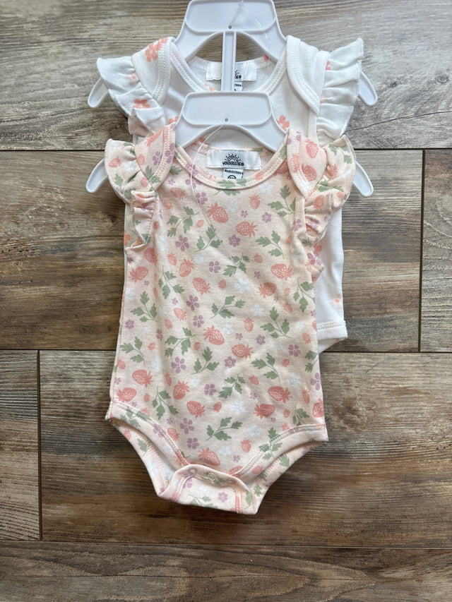 Front view of two Wonderluxe flutter sleeve bodysuits, pink strawberry print and white, 0-3M, on hangers on wood floor
