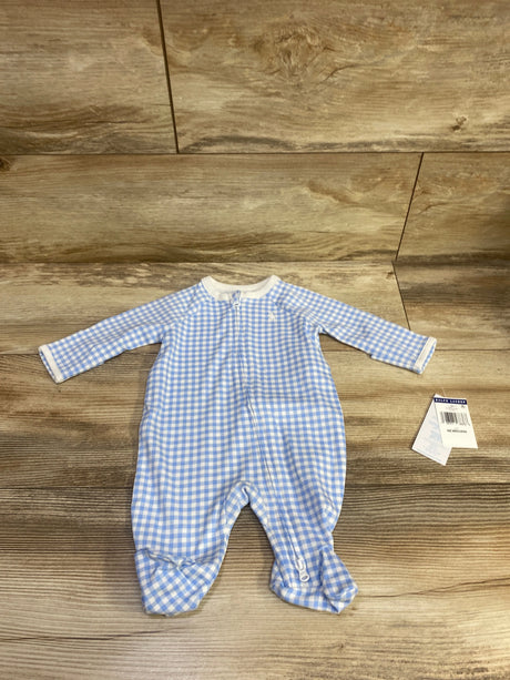Front view of a blue gingham Ralph Lauren newborn footie sleeper with long sleeves, front zipper and covered feet on wood floor