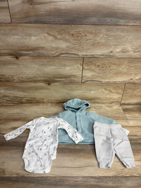 Baby clothes set with white penguin print bodysuit, light blue hooded jacket, and striped pants