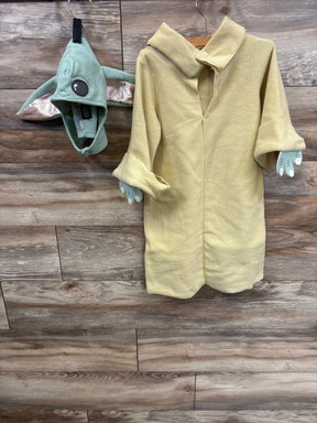 Baby Yoda costume with green hooded hat and yellow fleece robe, perfect for kids' dress-up or Halloween