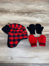 NEW Simple Joys Hat & Mitten Set in Black Red Buffalo Check sz 2T-5T