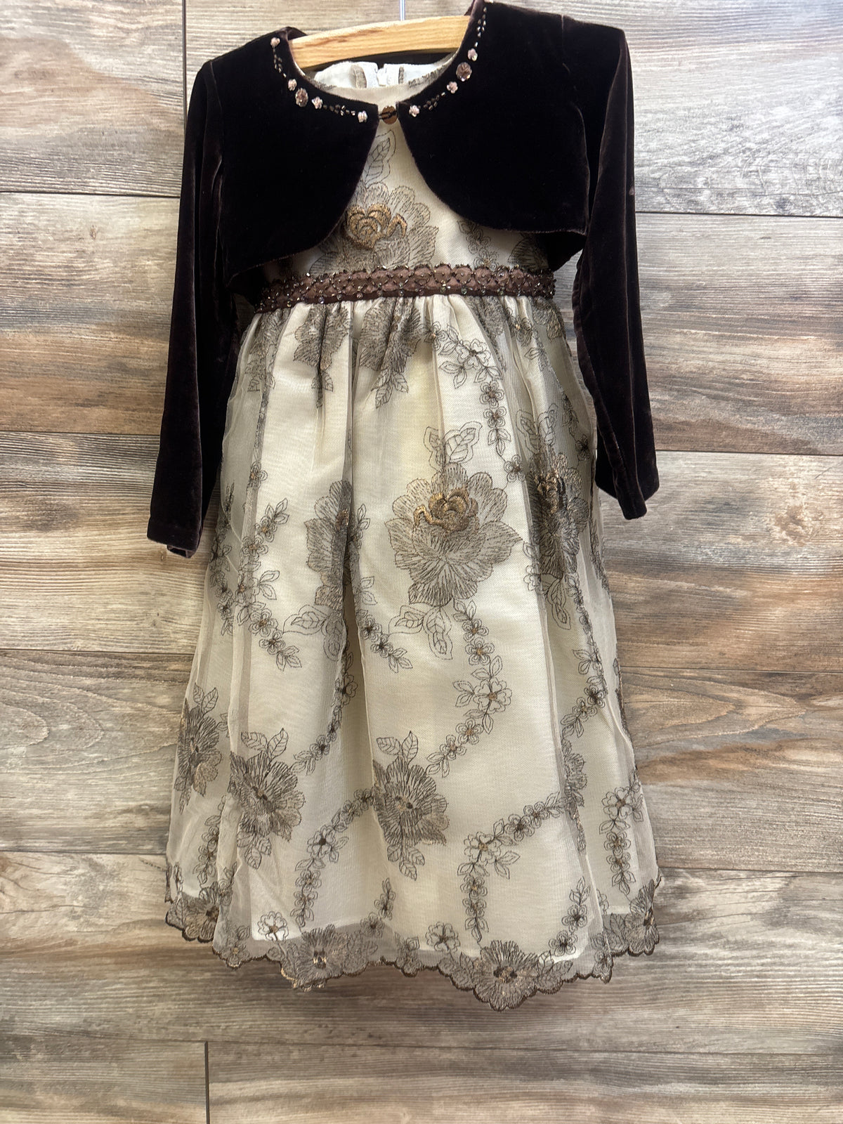 Biscotti 2pc Metallic Lace Dress & Velvet Cardigan Set Brown sz 4T