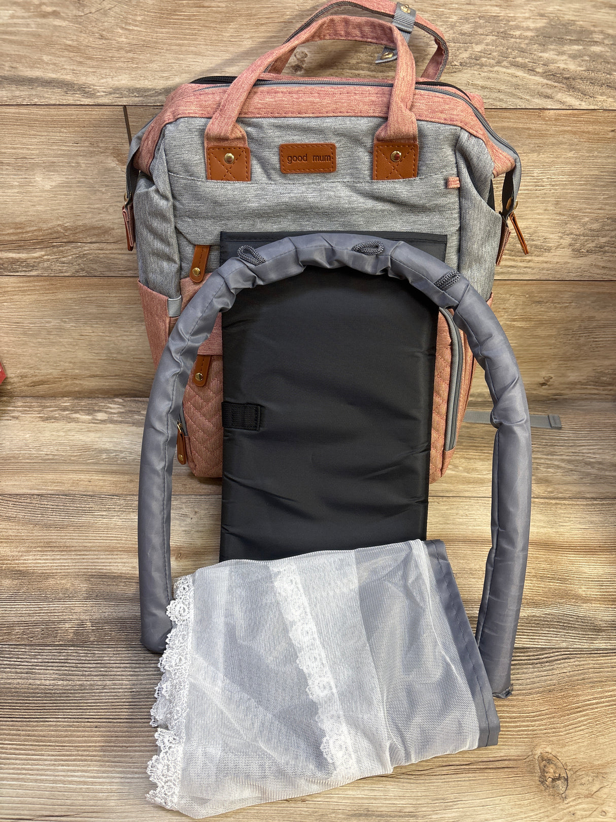 Good Mum Diaper Bag Backpack w/ Changing Station & Sunshade Pink