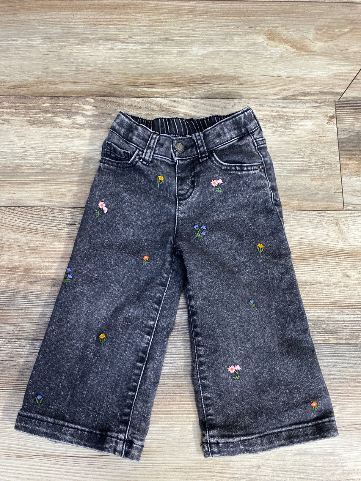 Cat & Jack Floral Embroidered Wide Leg Denim Jeans Black sz 2T