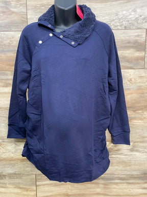 Navy blue long-sleeve sweater with a sherpa collar and snap buttons on a black mannequin