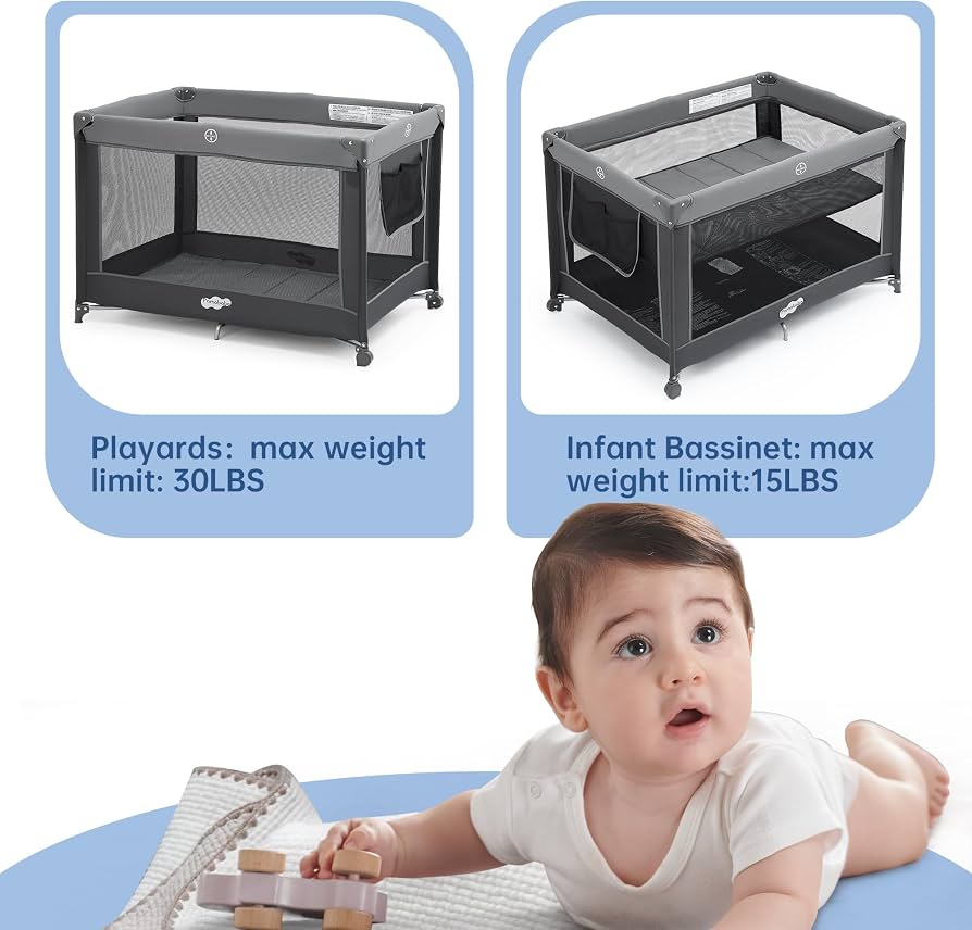 NEW Pamo Babe Just Right Foldable Playard with Bassinet & Toy Bar