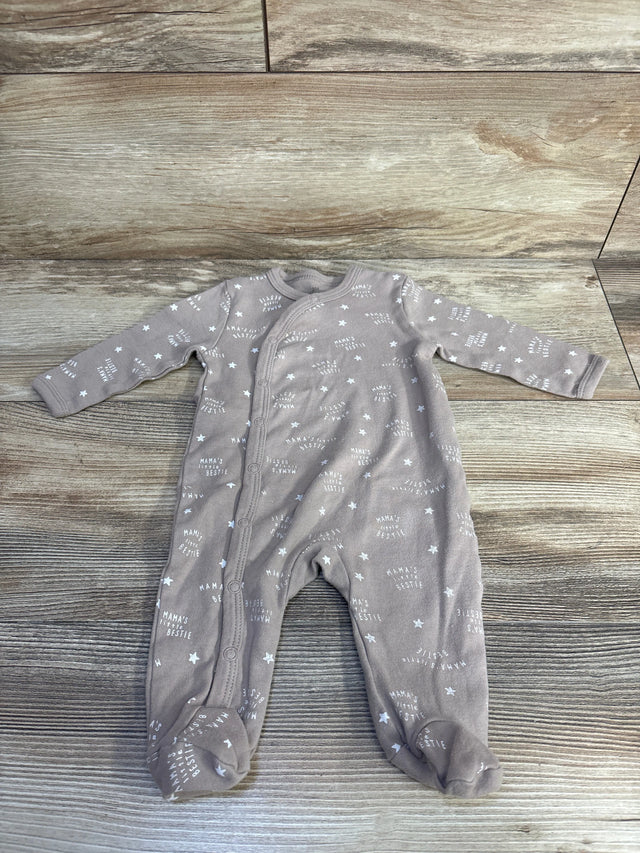 Flat lay of Ecojoy kimono sleeper, beige (3M), front snap closure, footed, white star and Mamas little bestie print on wood