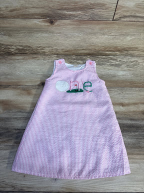 Pink and white striped baby dress with 'one' golf theme embroidery, perfect for first birthday outfits.