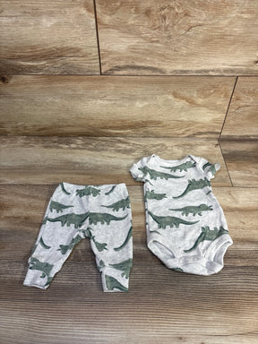 Front view of newborn grey two-piece Child of Mine bodysuit and pants set showcasing green dinosaur print on wood floor background