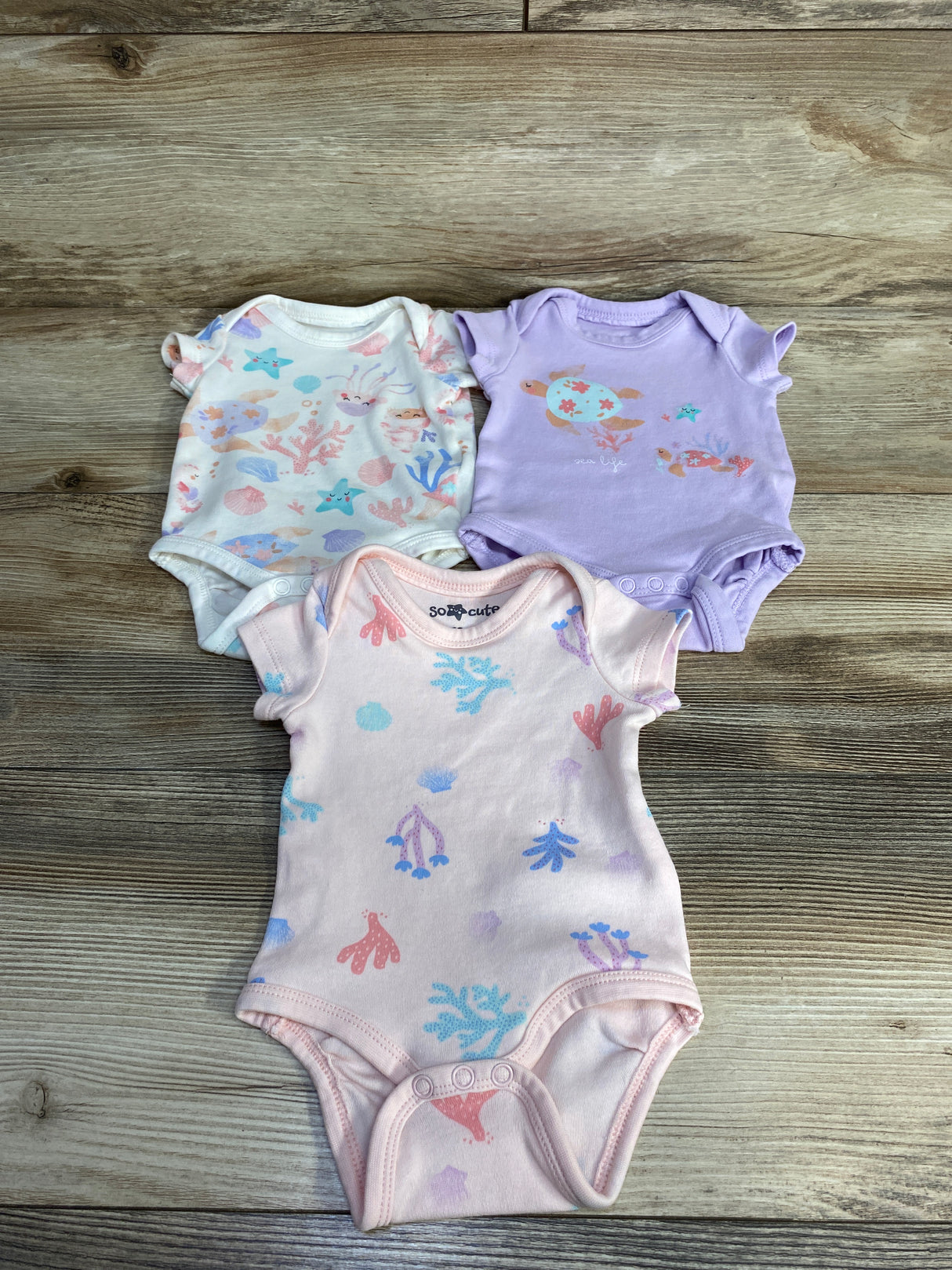 So Cute 3pk Coral And Shell Print Bodysuit Set sz 0-3m